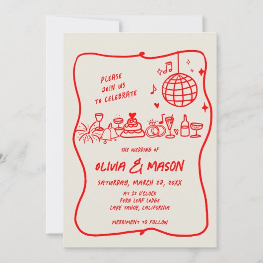 Squiggle hand-getrokken moderne Doodle Red Ecru br Kaart (Voorkant)