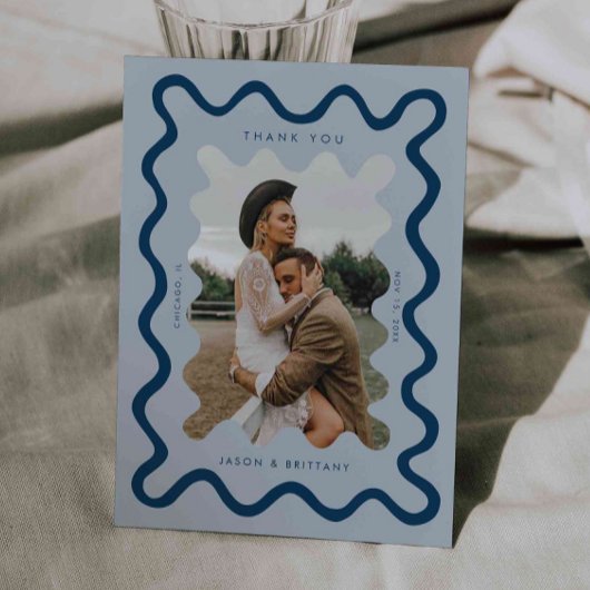 Squiggly Hand getrokken Lijn Marine Blauwe bruilof Bedankkaart