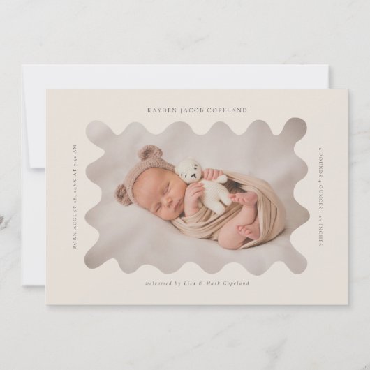 Squiggly Wavy Beige Lijst Geboorteaankondiging Fot Aankondiging (Voorkant)
