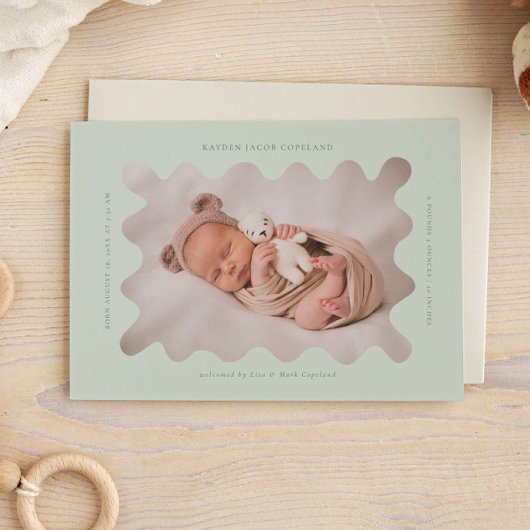 Squiggly Wavy Green Lijst Geboorteaankondiging Fot Aankondiging