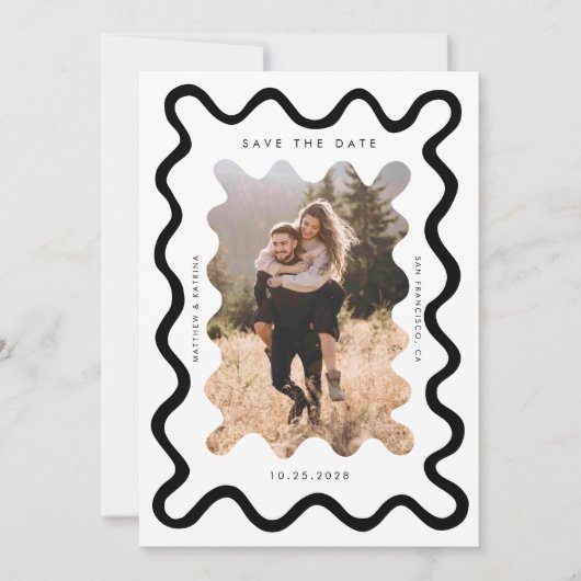 Squiggly Wavy Lijst bruiloft zwart en wit Save The Date (Voorkant)