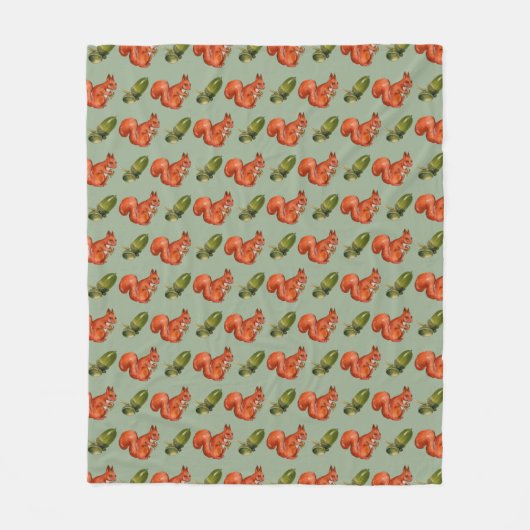 Squirrel and Acorn Pattern Green Fleece Deken (Voorkant)