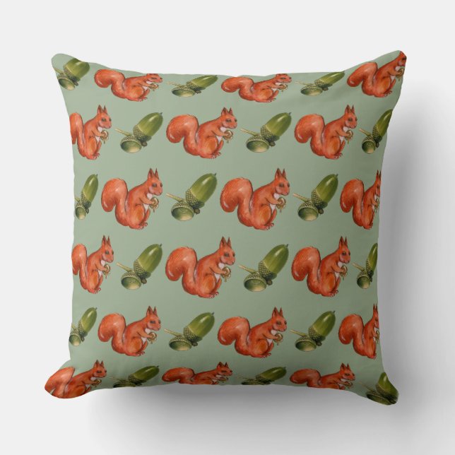 Squirrel and Acorn Pattern Green Kussen (Voorkant)