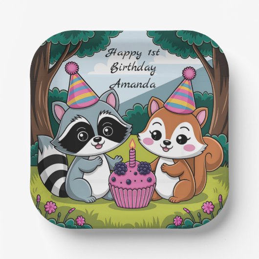 Squirrel and Raccoon cute Birthday Papieren Bordje (Voorkant)
