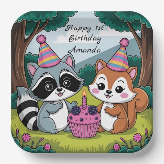 Squirrel and Raccoon cute Birthday Papieren Bordje (Voorkant)