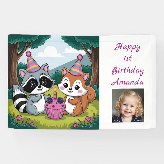 Squirrel and Raccoon cute Birthday Personalized Spandoek (Horizontaal)