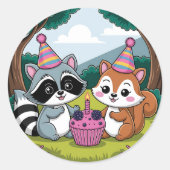 Squirrel and Raccoon cute Birthday Ronde Sticker (Voorkant)