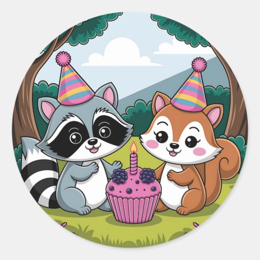 Squirrel and Raccoon cute Birthday Ronde Sticker (Voorkant)