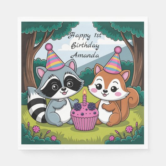 Squirrel and Raccoon cute Birthday Servet (Voorkant)