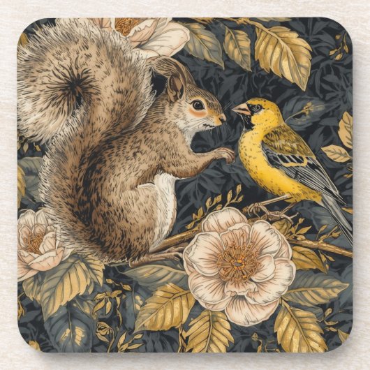 Squirrel and Yellow Canary with Flowers Pattern Bier Onderzetter (Voorkant)
