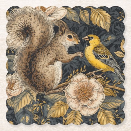 Squirrel and Yellow Canary with Flowers Pattern Kartonnen Onderzetters (Voorkant)