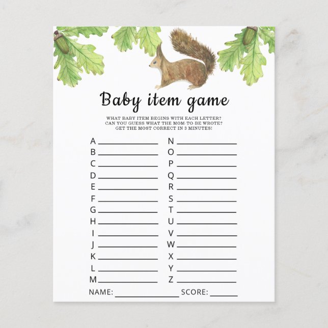 Squirrel Baby Item spel. Baby shower spel (Voorkant)