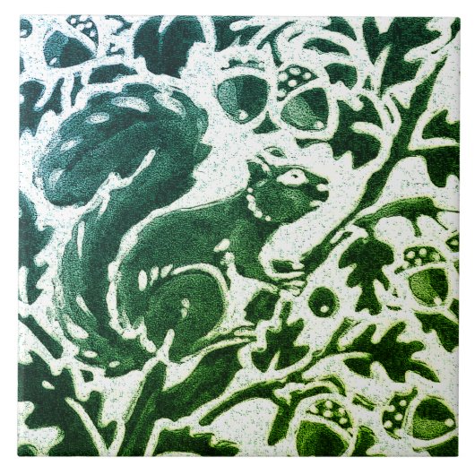 Squirrel Batik Modern Green Blue Floral Woodland Tegeltje (Voorkant)