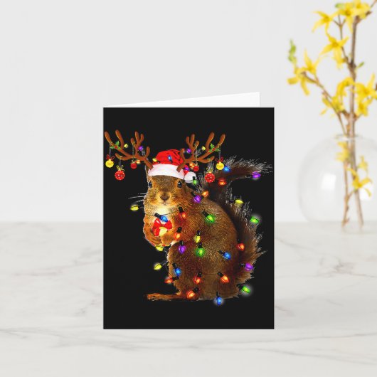 Squirrel Christmas Tree Lights Reindeer Santa Hat  Kaart (Gele Bloem)