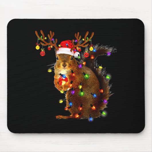 Squirrel Christmas Tree Lights Reindeer Santa Hat Muismat (Voorkant)