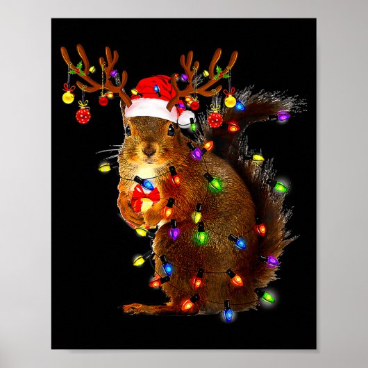 Squirrel Christmas Tree Lights Reindeer Santa Hat  Poster (Voorkant)
