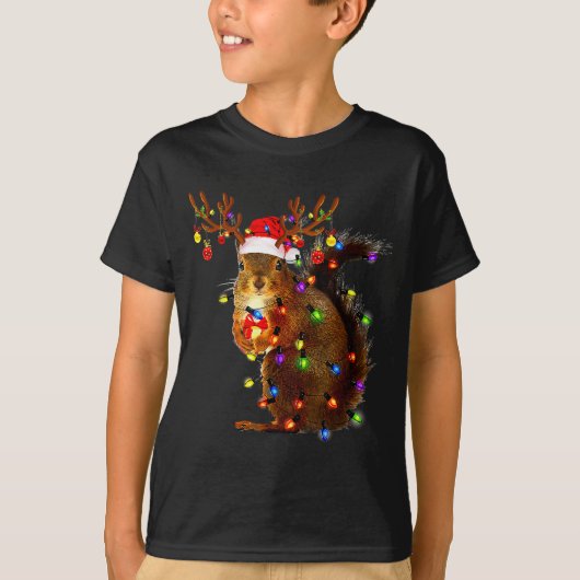 Squirrel Christmas Tree Lights Reindeer Santa Hat T-shirt (Voorkant)