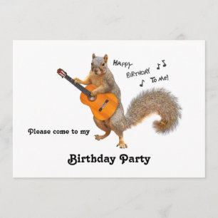 Squirrel Guitar Birthday Party Invitation Kaart