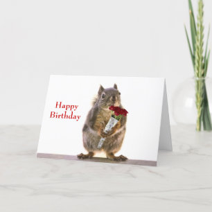 Squirrel Holding Red Rose Bouquet Kaart