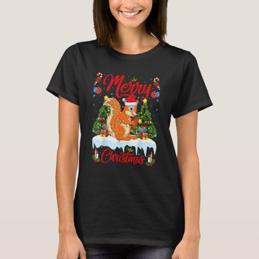 Squirrel Lights Xmas Tree Santa Squirrel Christmas T-shirt (Voorkant)