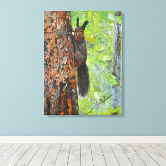 Squirrel on Pine Tree – Realistic Oil Painting Canvas Afdruk (Insitu (Houten vloer))