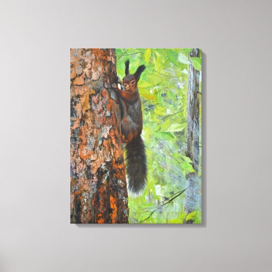Squirrel on Pine Tree – Realistic Oil Painting Canvas Afdruk (Voorkant)