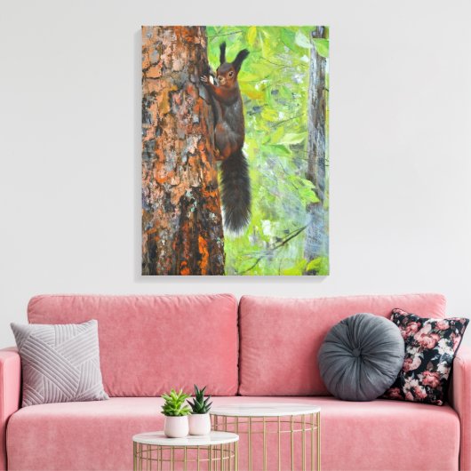 Squirrel on Pine Tree – Realistic Oil Painting Canvas Afdruk (Insitu (Woonkamer))