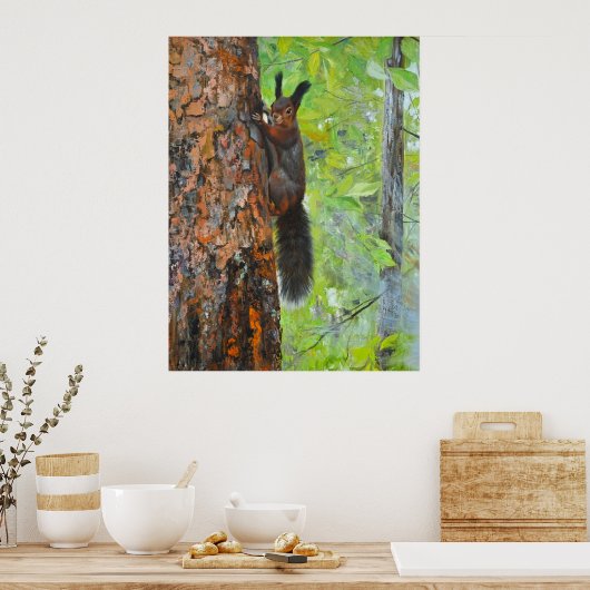 Squirrel on Pine Tree – Realistic Oil Painting Poster (Keuken)