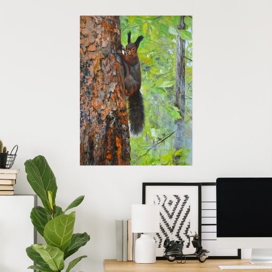 Squirrel on Pine Tree – Realistic Oil Painting Poster (Thuiskantoor)