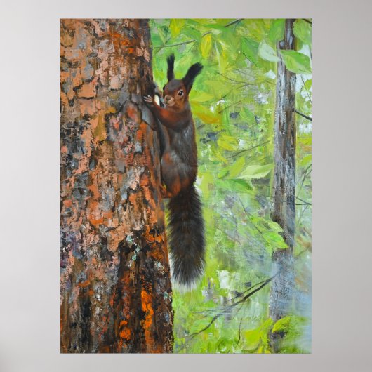 Squirrel on Pine Tree – Realistic Oil Painting Poster (Voorkant)