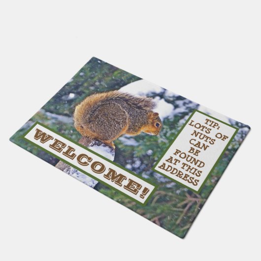 SQUIRREL OVER SNEEUWGEDEKTE POST/KIJK NAAR NUTS? DEURMAT (Schuin)