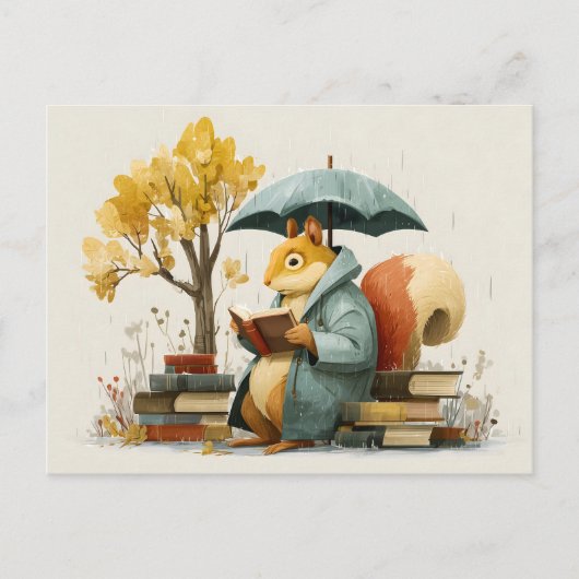 Squirrel Reading Books Under an Umbrella Briefkaart (Voorkant)