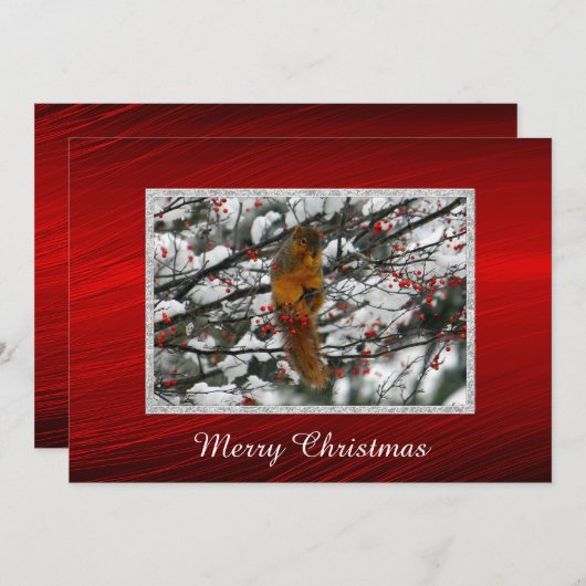 Squirrel Red Berries Snow Tree kerstflat Feestdagenkaart (Voorkant / Achterkant)