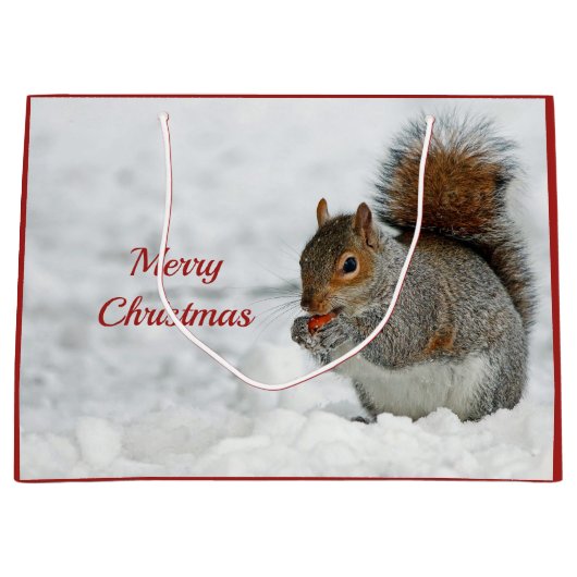 Squirrel Red Berry Sneeuwfoto Kerstmis Groot Cadeauzakje (Voorkant)
