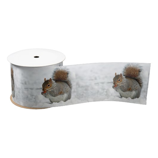 Squirrel Red Berry Snow Foto Satijnen Lint (Spoel)