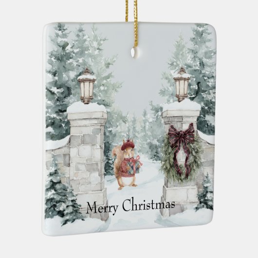 Squirrel Red Coat Snow Christmas Keramisch Ornament (Rechts)