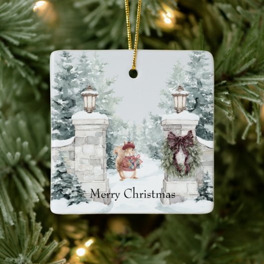 Squirrel Red Coat Snow Christmas Keramisch Ornament (Boom)