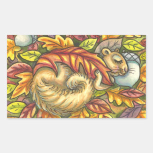 SQUIRREL SLAPING ONDER AUTUMN LEAVES, SEASONAL RECHTHOEKIGE STICKER