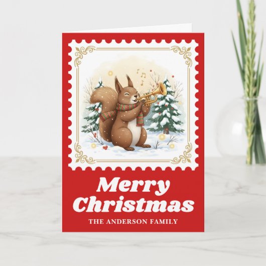 Squirrel Trumpet Retro Postage Stamp Christmas Feestdagen Kaart (Voorkant)