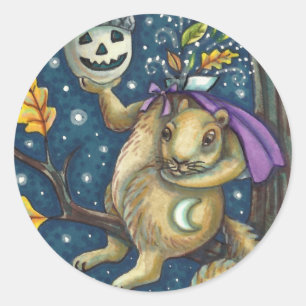 SQUIRREL VAN SLAAPHOLLOW & ACORN, FUNNY HALLOWEEN RONDE STICKER