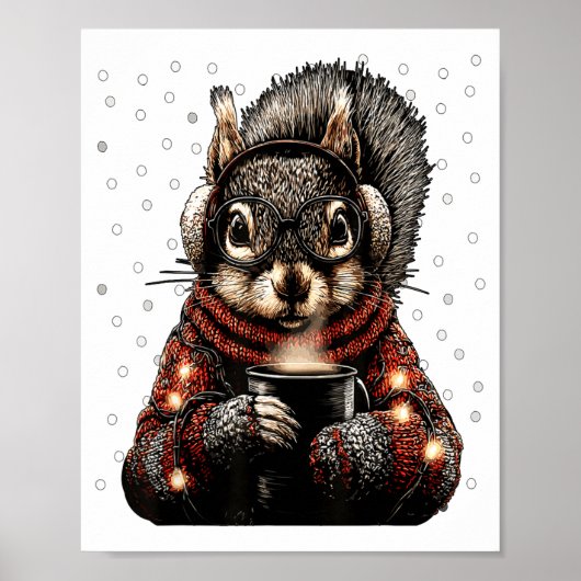 Squirrel With Gles Christmas Lights Funny Coffee W Poster (Voorkant)