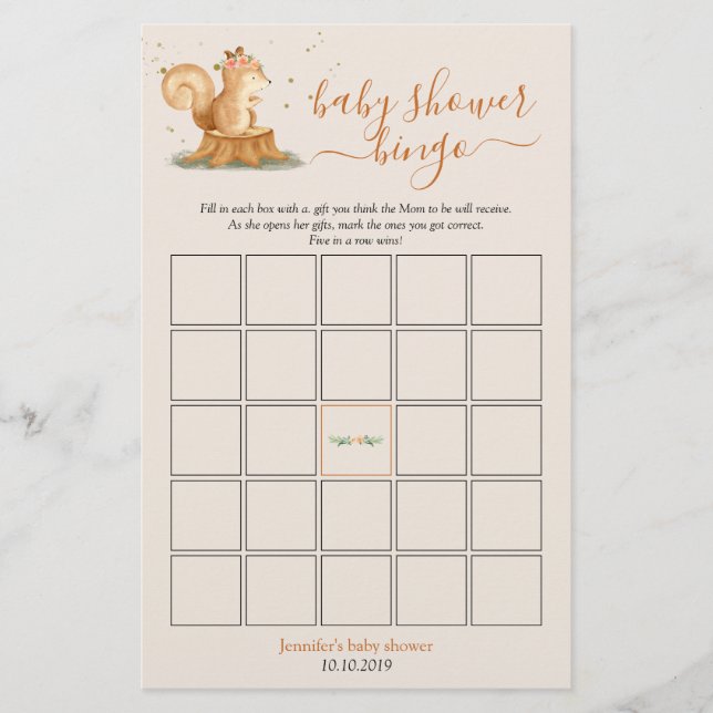 Squirrel Woodland Animals Baby Shower Bingo Game (Voorkant)