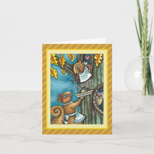 SQUIRRELS & OWL THANKSGIVING, HOMEMADE ACORN PIE FEESTDAGEN KAART (Voorkant)