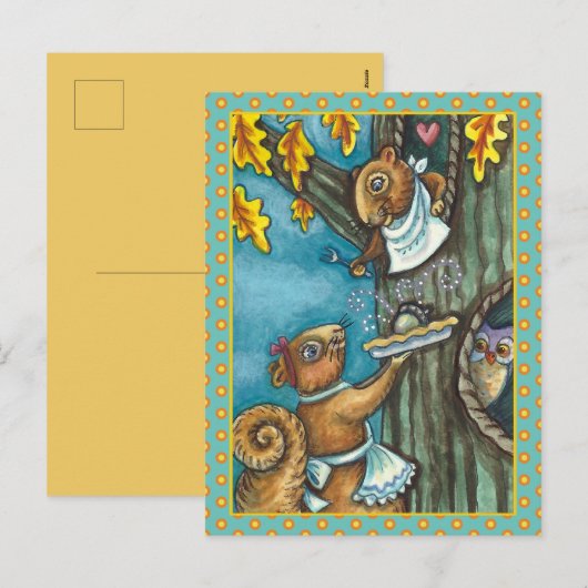 SQUIRRELS & OWL THANKSGIVING, HOMEMADE ACORN PIE FEESTDAGENKAART (Voorkant / Achterkant)