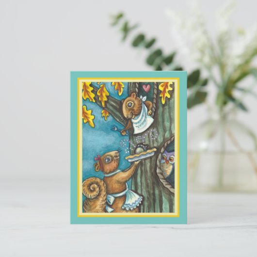 SQUIRRELS & OWL THANKSGIVING, HOMEMADE ACORN PIE FEESTDAGENKAART (Staand voorkant)