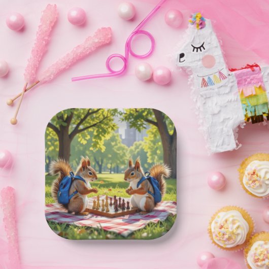 Squirrels Playing Chess In a City Park Papieren Bordje (Feest)