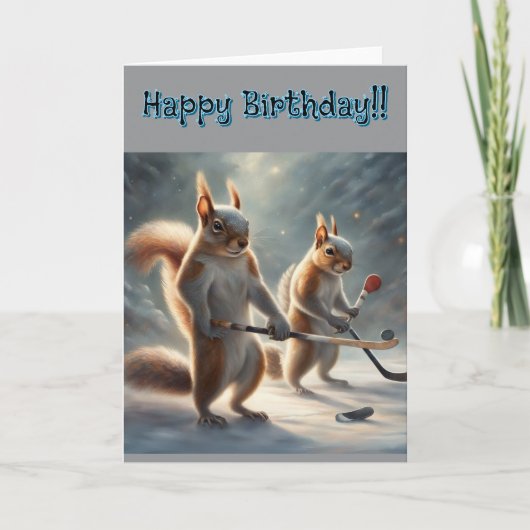 Squirrels playing Hockey Birthday Kaart (Voorkant)