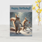 Squirrels playing Hockey Birthday Kaart (Gele Bloem)