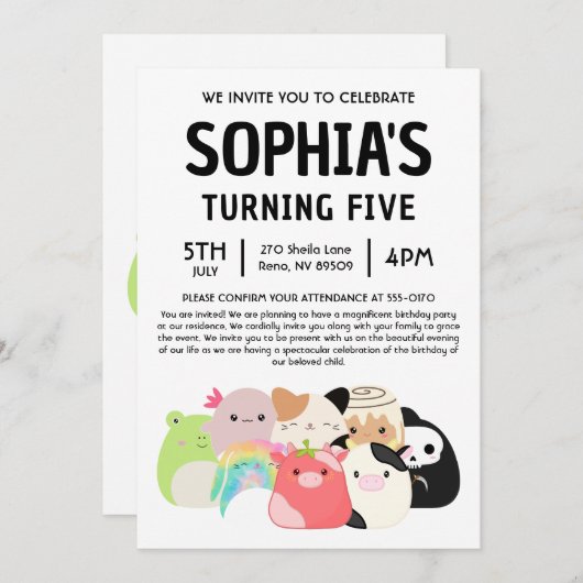 Squishmallow Birthday Party Kaart (Voorkant / Achterkant)