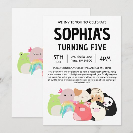 Squishmallow Verjaardagsfeestje Kaart (Voorkant / Achterkant)